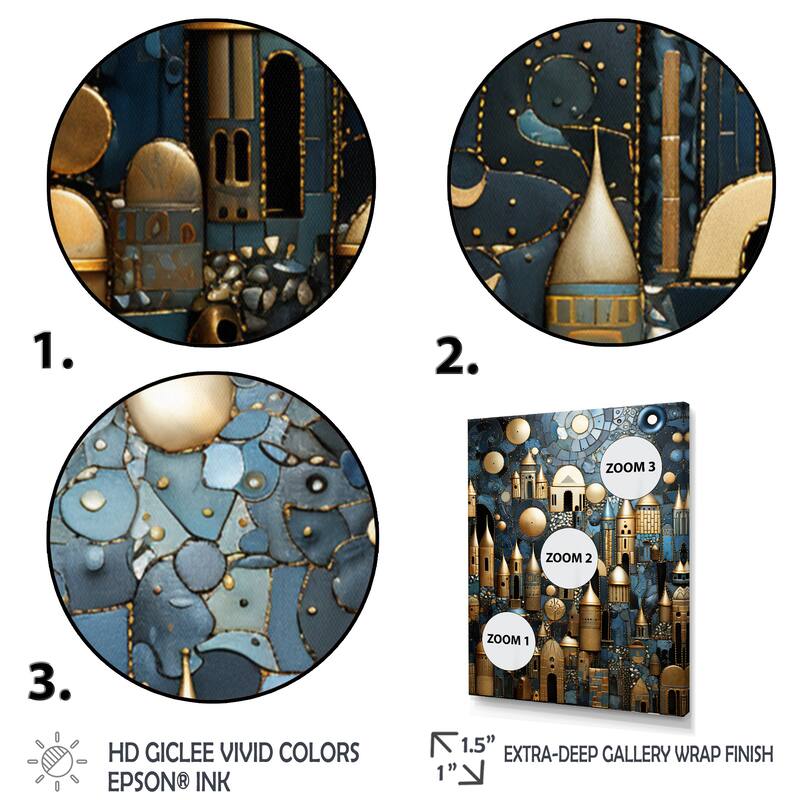 Designart "Cityscape With Castle In Vintage Gold And Blue I" Abstract